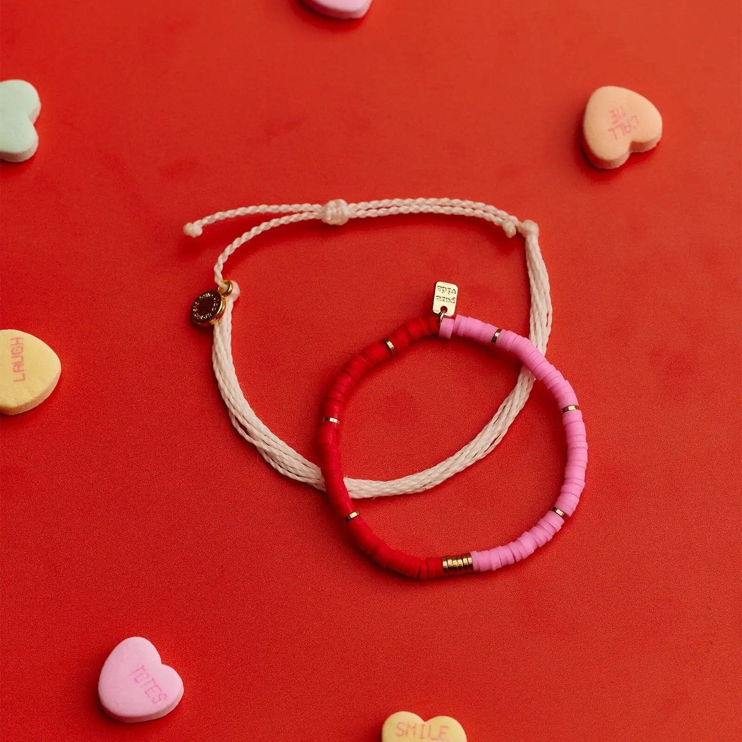 Pink and Red Vinyl Disc Bead Stretch Bracelet Set